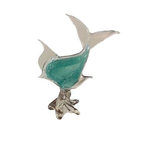 Vintage MCM Murano Art Glass Sculpture Aqua Blue Tropical Fish Signed Samuel